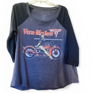 Torrid Van Halen Pinup Girl on Vintage Motorcycle Graphic Raglan Top Shirt Large